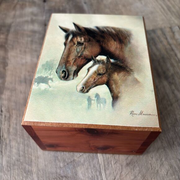 Mama Horse & Her Fowl Signed Horse Art Cedar Chest Trinket Box 5"L x 4"W x 2.5H - Picture 1 of 5
